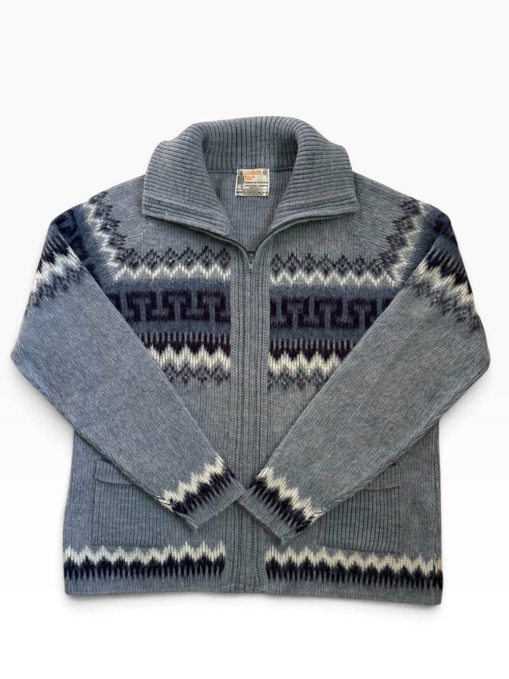 LONDON FOG Women’s 100% Virgin Acrylic Sz XL Vintage Zip Up Sweater Blue Nordic